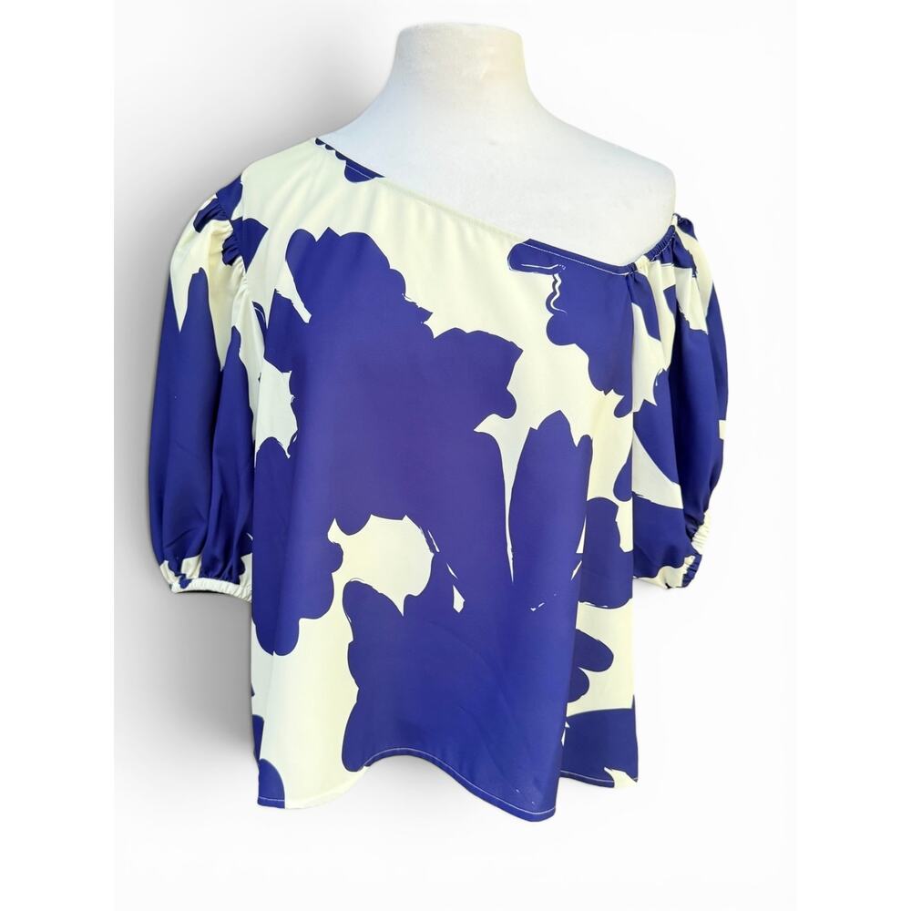 Crosby Blue White Floral Off Shoulder Puff Sleeve Blouse Top L Boho Chic